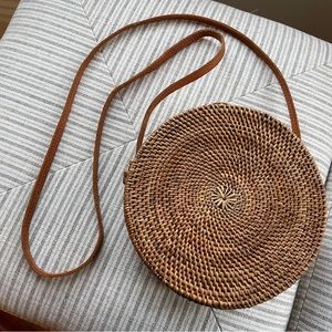 Round Rattan and Leather Strap Crossbody Bag